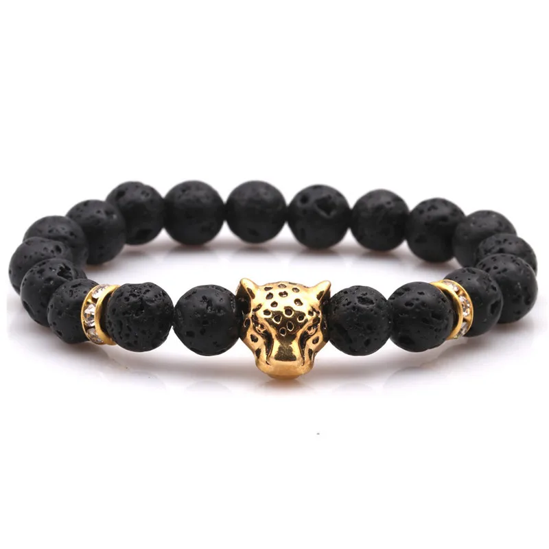 

Promotional Men's Black Obsidian Leopard Beaded Bracelet Natural Stone Lave Stone Beads Bracelets