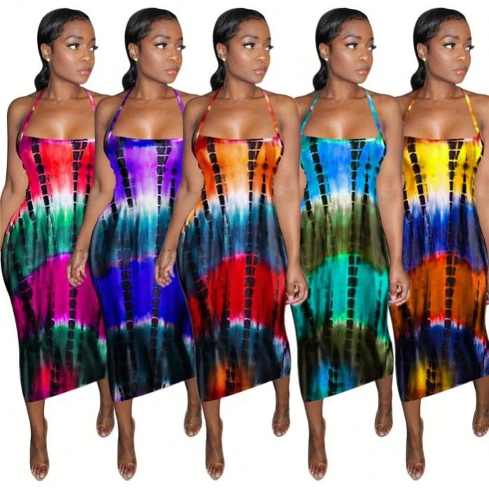 

GE0126-Hot Summer 2021 Women Clothing Backless Slip Dress Tie Dye Midi Dresses Casual