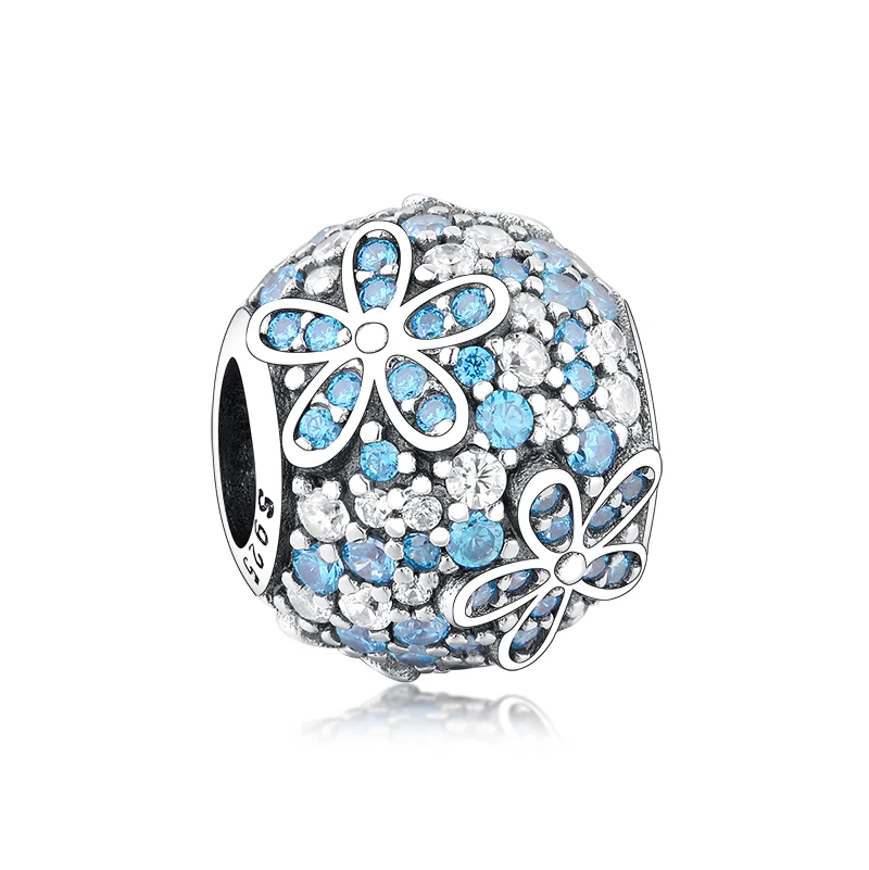 

New Arrival 925 Sterling Silver Pave Flower Blue Clear Zircon Charms For Pandora Bracelet Necklace Jewelry Making