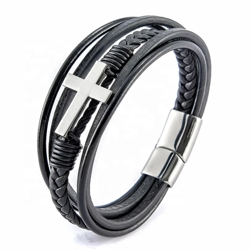 

Hot Sale Multi Layer Leather Bracelet Men Stainless Steel Christian Cross Bracelet Pulsera Schmuck, Gold/black/steel