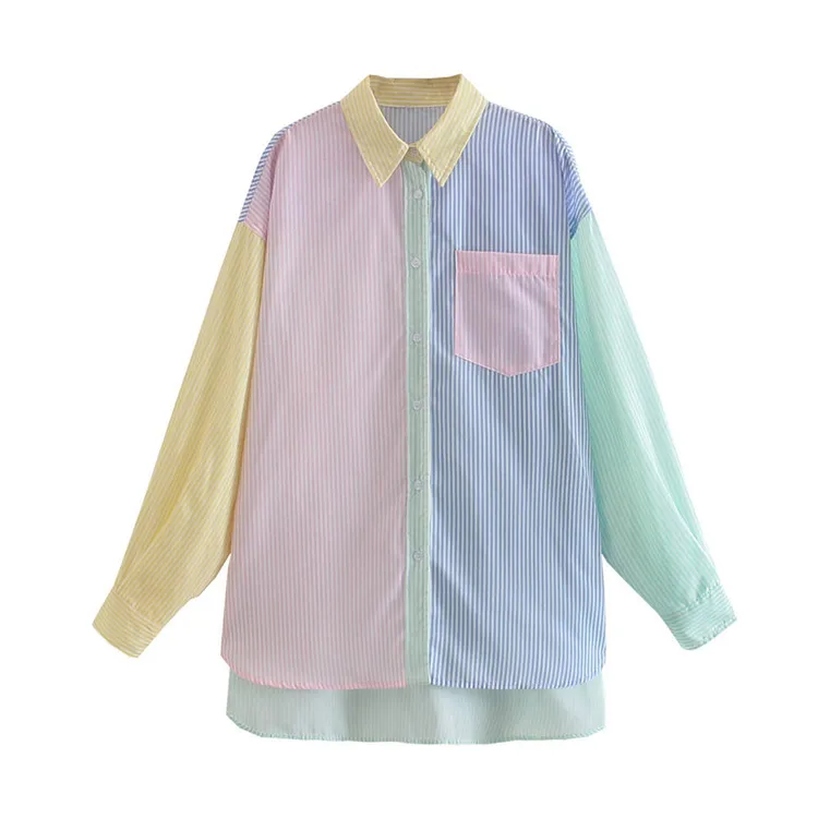 

Za Women 2021 Fashion Four-color Splicing lapel Loose Asymmetric Blouses Vintage Long Sleeve Button-up Female Shirts Chic Tops