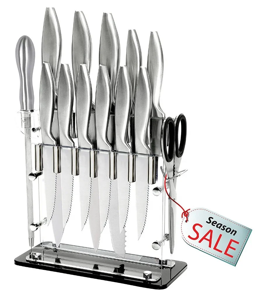 

14 Pcs Stainless Steel kitchen Cutlery Knife Hollow Handle Block Set, Silver