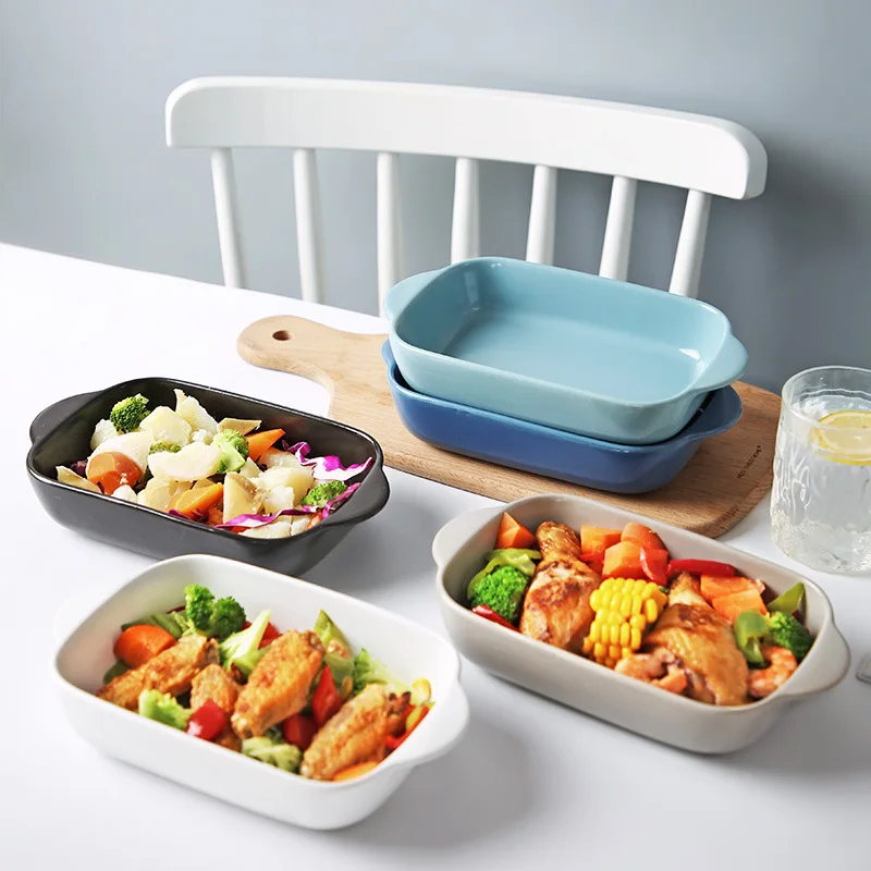 

T65 Biaural rectangular ceramic baking dish breakfast plate cheese baking dish tableware fruit rice bowl household tableware, 5 colors