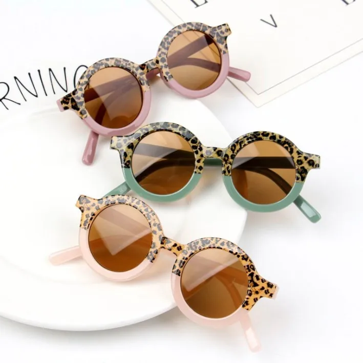 

New Fashion Round Kids Sunglasses Cute Leopard Pink Blue Sun Glasses Boys Girls Baby Shades Vintage Eyewear, As shown