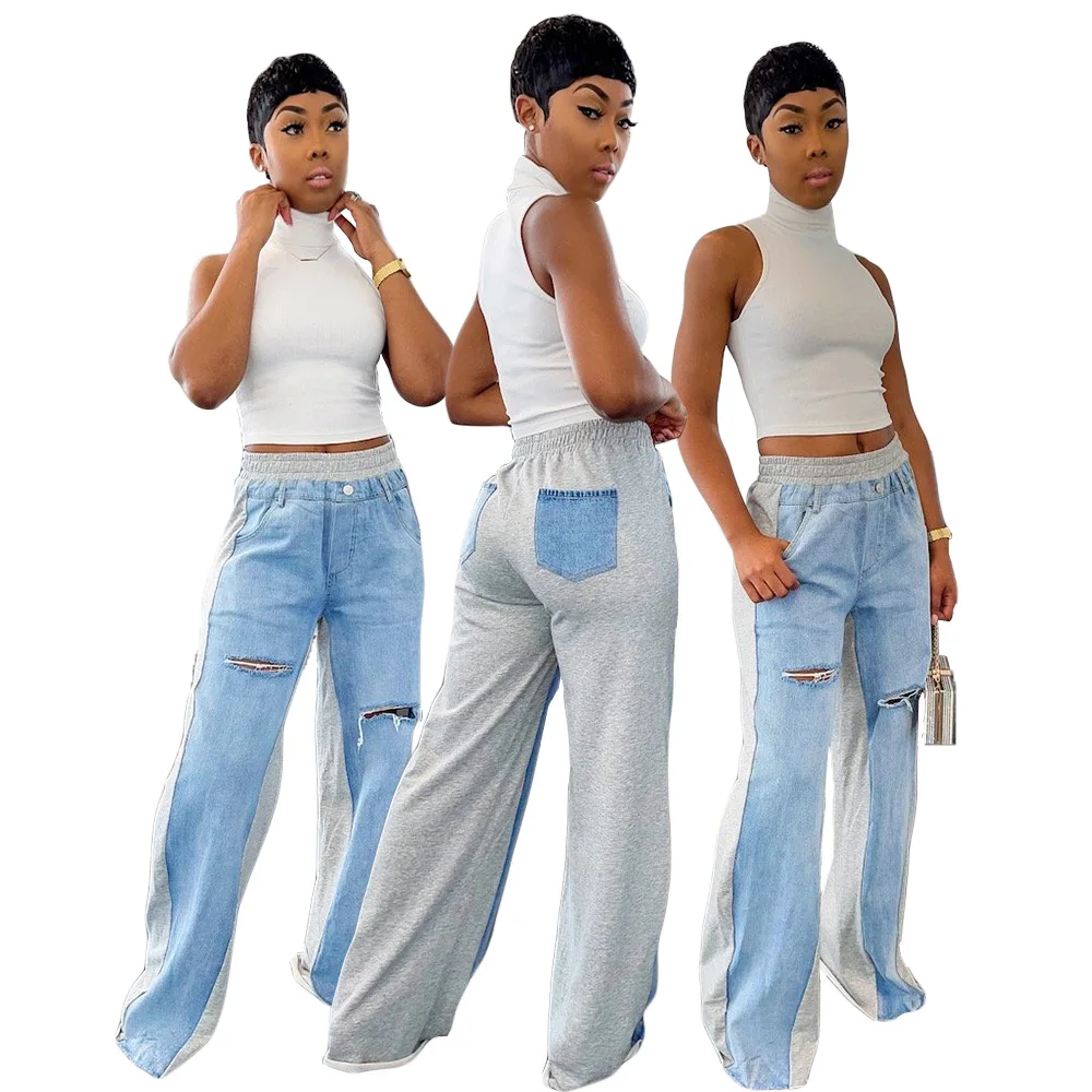 

RTS (0.43) DY6978 2021 Printed Slim-Fit Straight Trouser Women Stylish High Waist Denim Pants Casual Patchwork Jeans