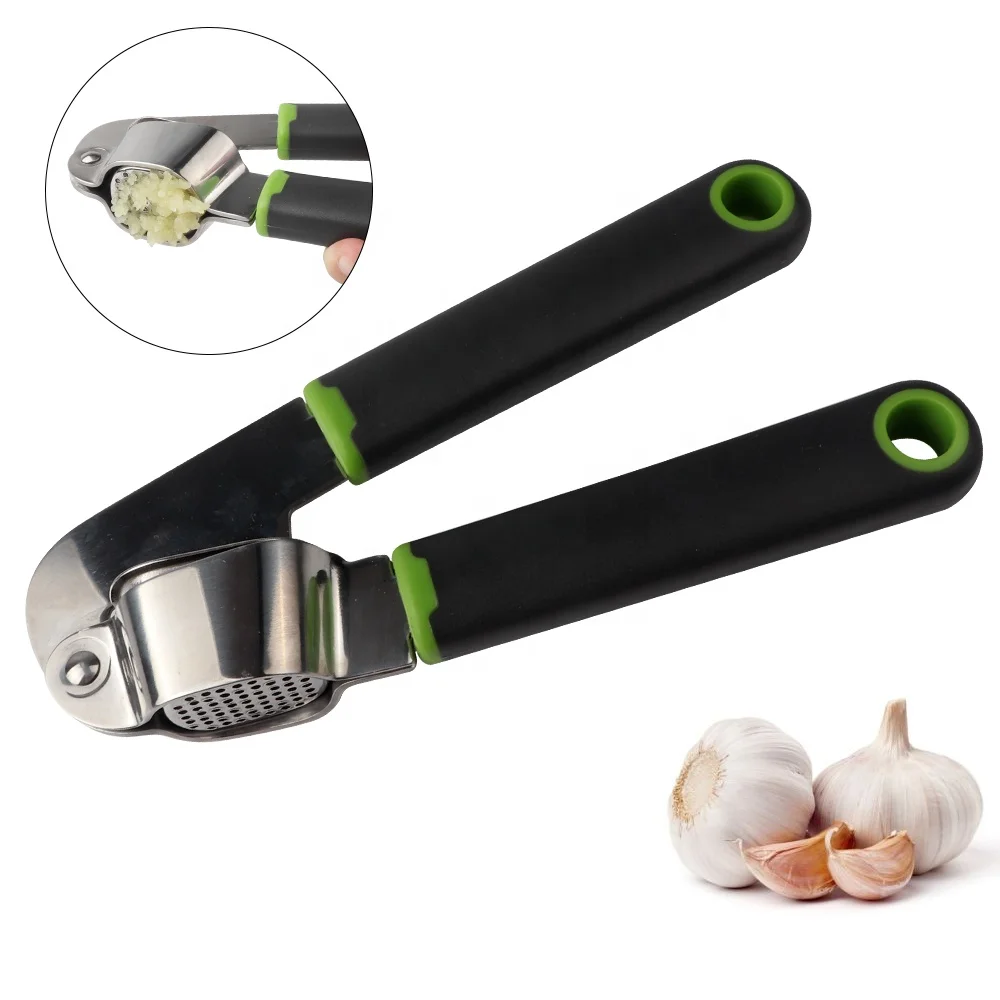 

K60-0023 High quality Kitchen accessories Garlic Press Stainless Steel Crusher Good Grip Soft-handle Garlic Press, Black+green