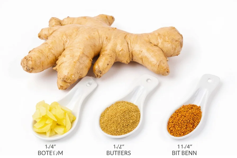 Fresh ginger root with measuring spoons showing 1/4, 1/2, and 1 teaspoon portions for daily consumption