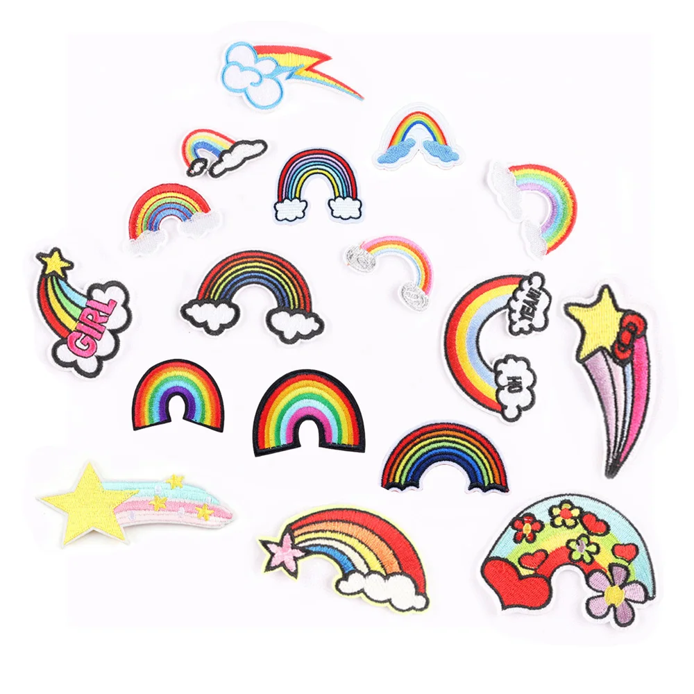 

wholesale price bulk stock custom made iron on embroidery shooting star rainbow patches for clothing