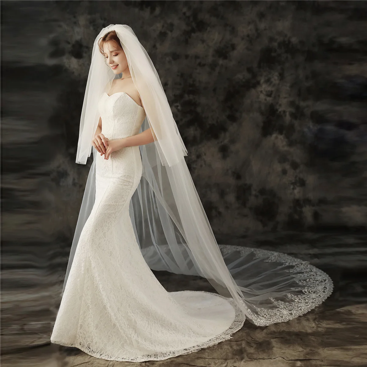 

2021 New Arrival Long Cathedral Wedding Veil with face cover 3M Tulle Lace Edge Flower Bridal blusher Veils, White ivory color wedding veils