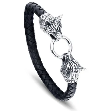 

Personality International Men's Stainless Steel Wolf Head Lock Leather Bracelet, Black color