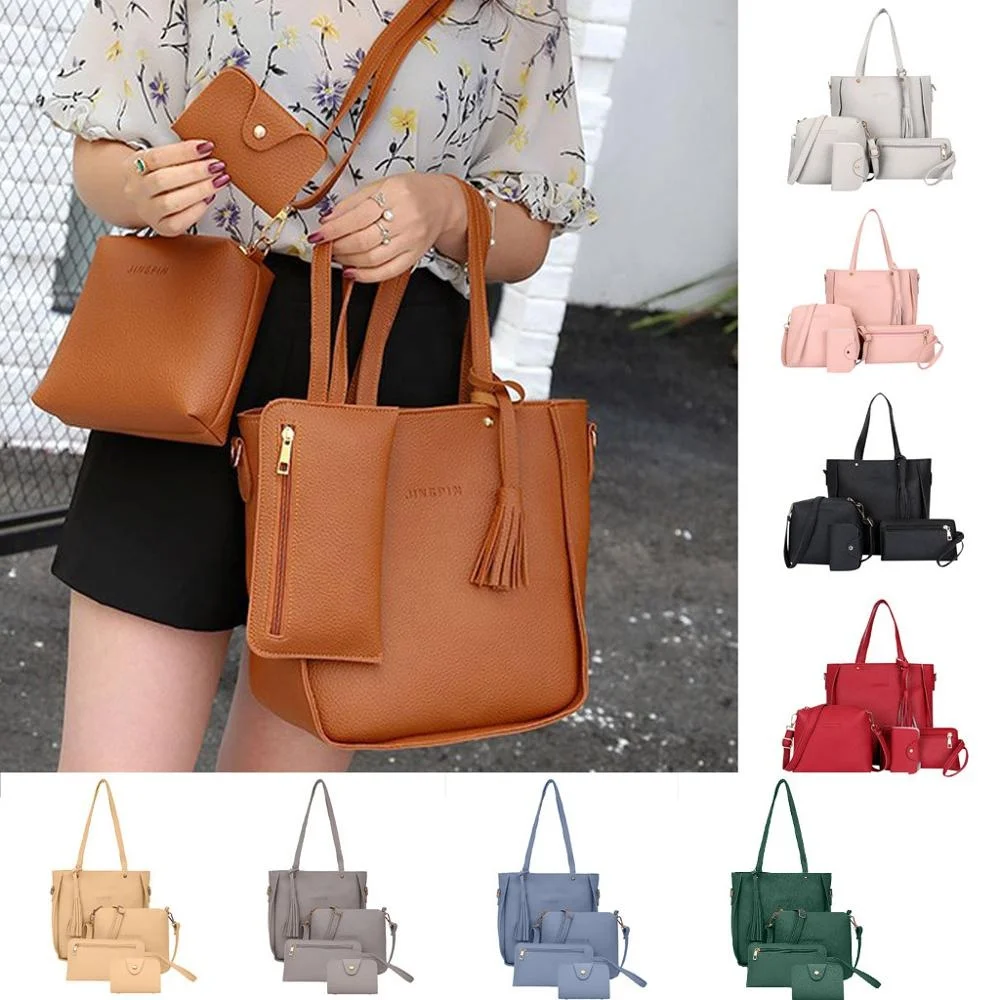 

2019 Summer New Korean Chic Trend Solid Color Four Pieces Set Tassel Bucket PU Women Leather Handbags