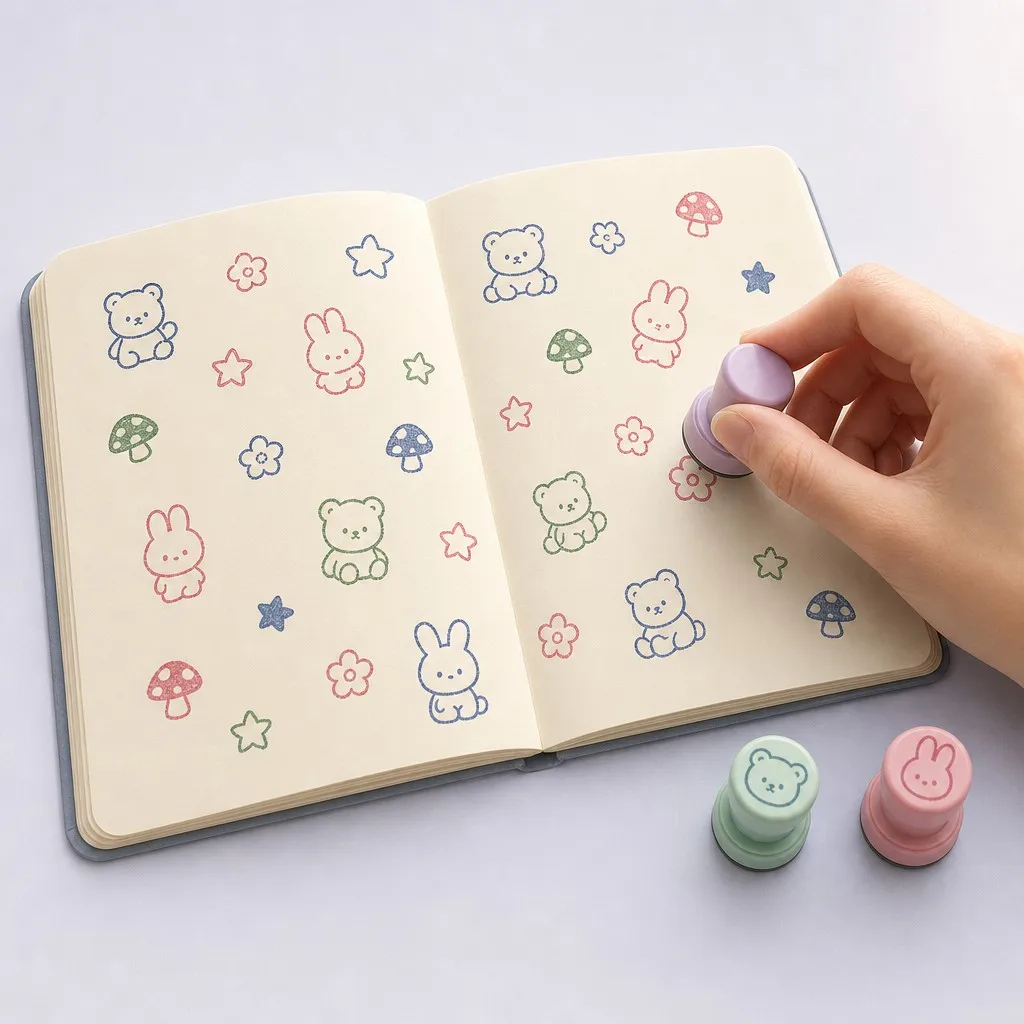 Open journal showing many kawaii character stamp impressions of bears rabbits mushrooms flowers with hand pressing stamp