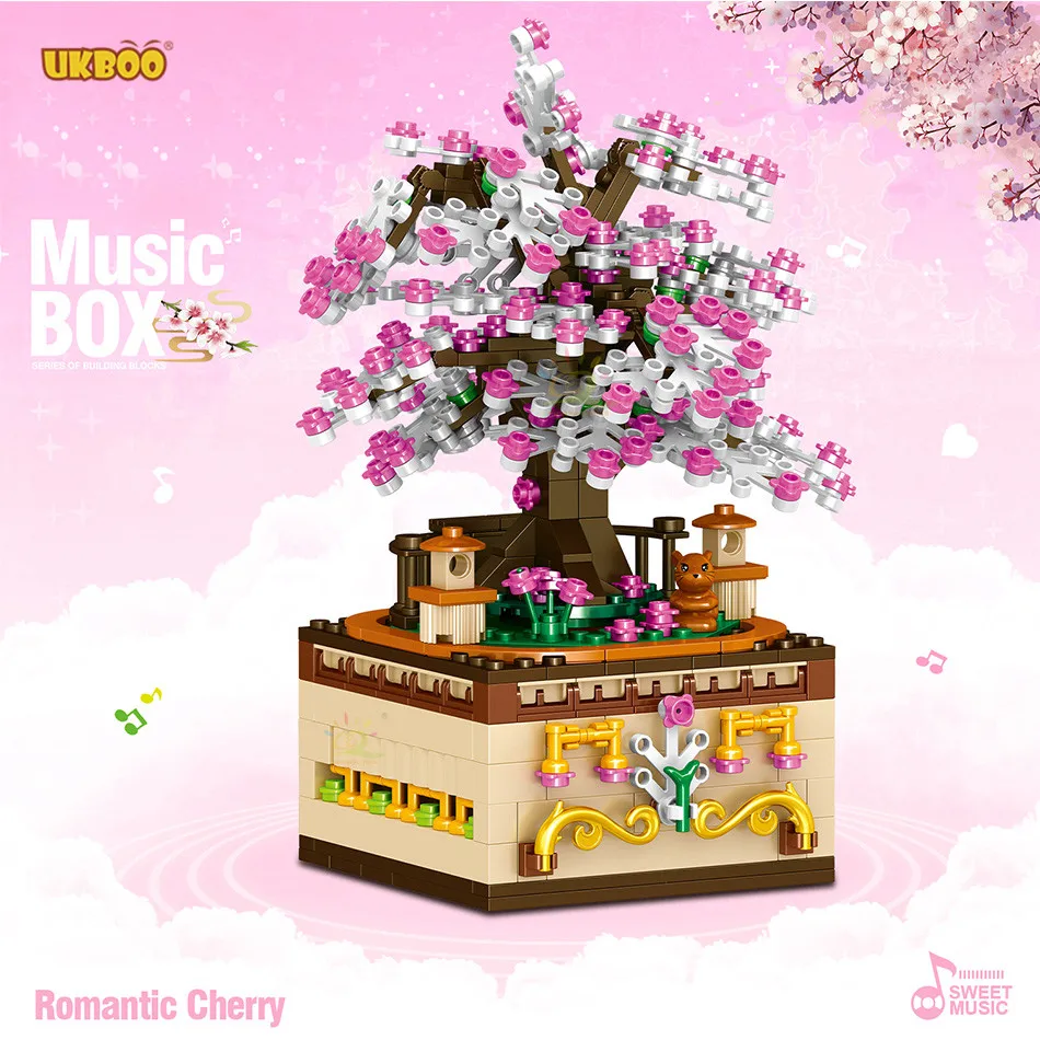 

UKBOO Free Shipping Birthday Gift 487PCS Romantic Cherry Blossom Trees Music Box Christmas Assemble Building Blocks Bricks Toys