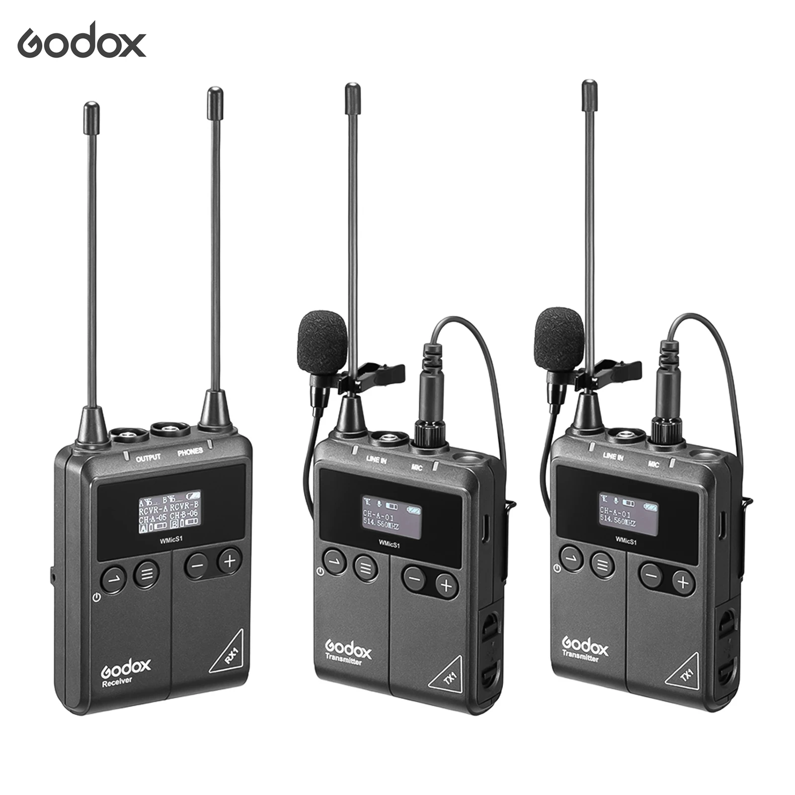 

Godox WMicS1 kit2 UHF Wireless Microphone 2pcs TX1 Portable Body-pack Transmitters+ RX1 Receiver for Smartphone Camera Vlog