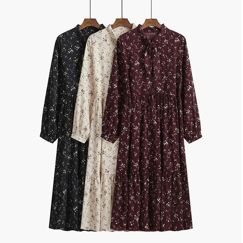 

2022 New Style Floral Comfortable Fabric Ladies Long-sleeved Dress Floral Print Elastic Bust Lantern Sleeve Long Dresses