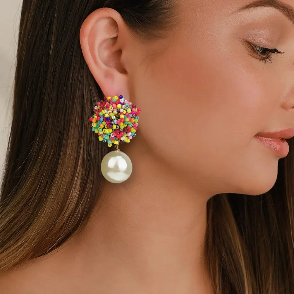 

Bohemian Cluster Colorful Seed Beads Stud Earrings For Women Statement Pearl Pendants Dangle Earrings Ethnic Jewelry Wholesale, Black, white,green, multicolor, rose