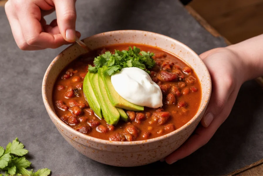 Chef's hands garnishing a bowl of enhanced canned chili with fresh toppings including avocado, sour cream, and cilantro