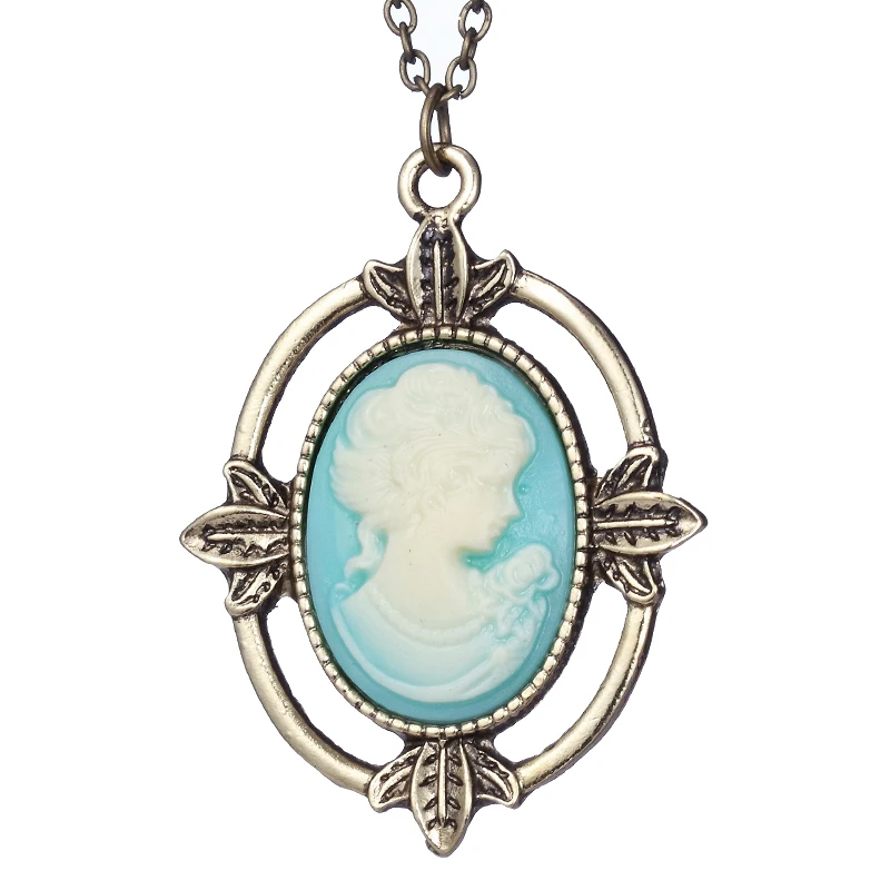 

New Vintage Style Bronze Light Blue Cameo Necklace The Vampire Diaries Katherine Beauty Head Pendant Necklace for Women