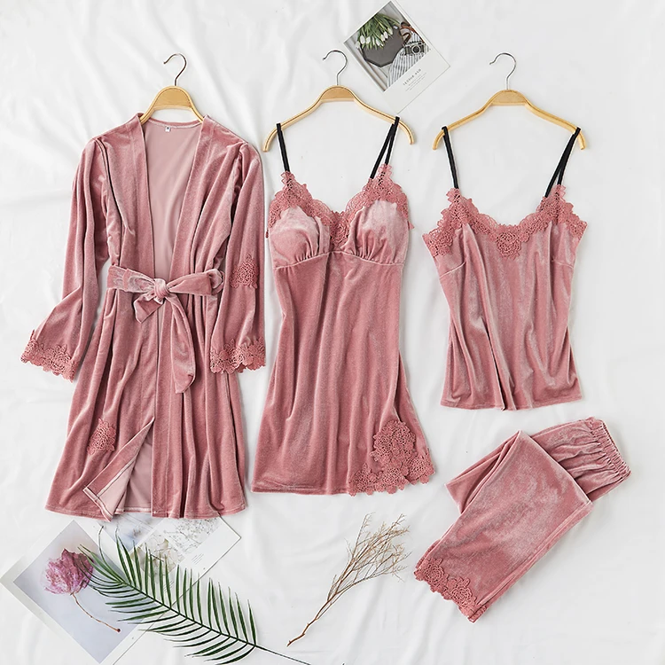 

Good quality Hot Lady Winter Pajamas Four Piece Pajama Set Gold velvet suit for Women