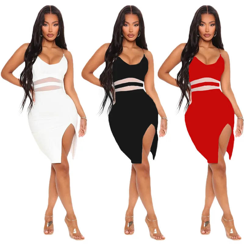 

Summer Trending Club Party Dress Fashion Solid Color Backless Transparent Sling Split Evening Dress For Women 2021, Picture color