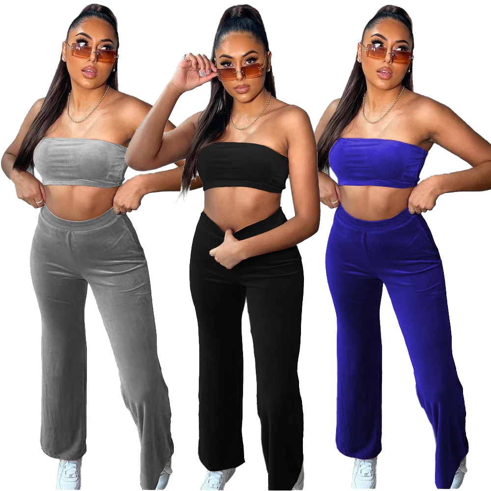 

MD-20032210 Solid 2 Piece Set Women Sportswear Tube Top Wide Leg Pants Two Piece Set Women Clothing