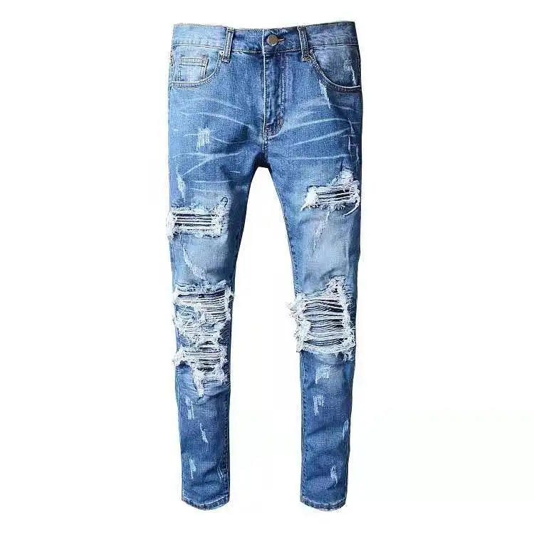 

2021 new style distressed jeans patchwork mixed different color denim jean rip for men, Picture