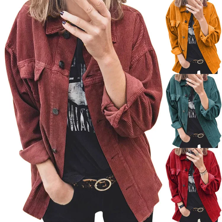 

Stock Fall cross border corduroy jacket women cardigan long sleeves lapels loose thickened blouse women LADY FASHION COAT