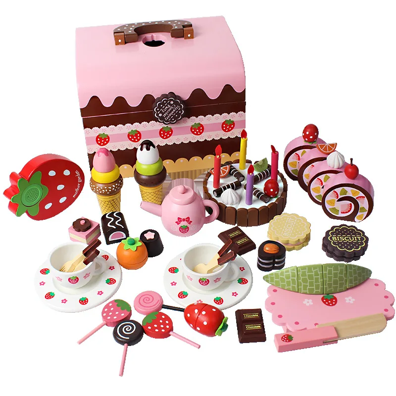 

Educational wooden birthday cake toy pretend play cutting fruit cream food sets kids kitchen afternoon tea box simulation games