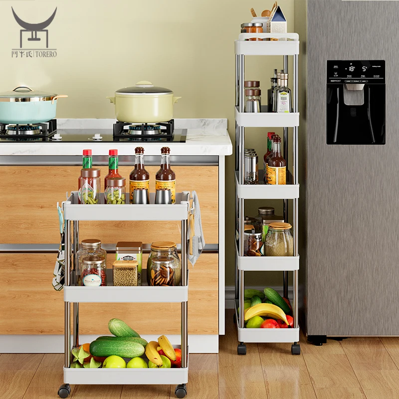 

Multilayer 3/4/5-Tier Movable Rolling Cart Metal Kitchen Refrigerator Corner Organize Storage Sundries Holder