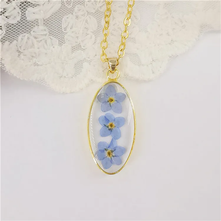 

Popular Forget Me Not necklace Resin Necklace Dried Flower Oval Pressed Flower Necklace