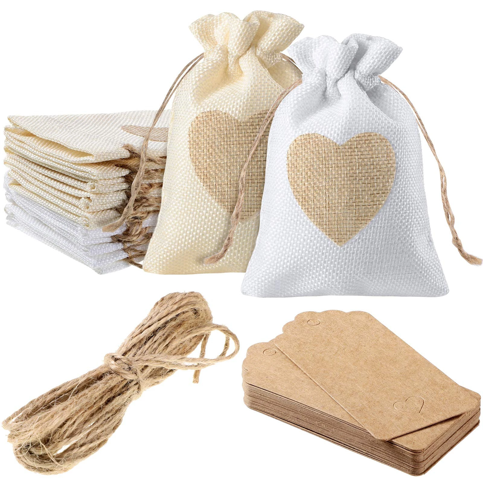 

Free Shipping China factory Burlap Jute linen drawstring gift wrap favor Pouch heart bags, White beige