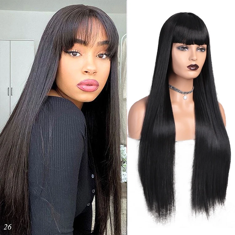 

Fast Delivery Straight Black Natural Hair Color Glueless Long Wig Synthetic Hair Wigs With Bangs For Black Women