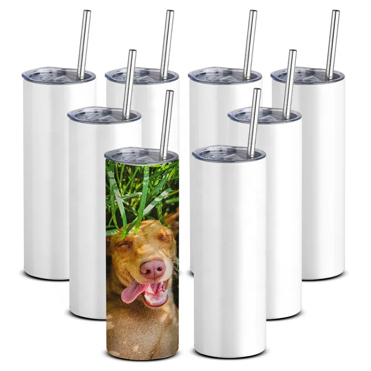 

Double Walled Stainless Steel Metal Water Cup 20 oz White Sublimation Blanks Straight Skinny Tumbler with Lid and Straw