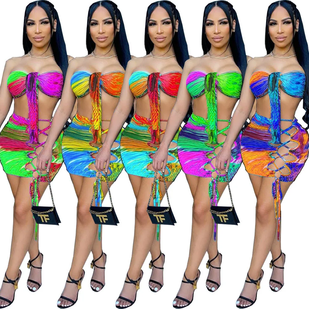 

European and American sexy women's clothing, positioning printing, chest wrap, straps, two-piece suit, Picture color