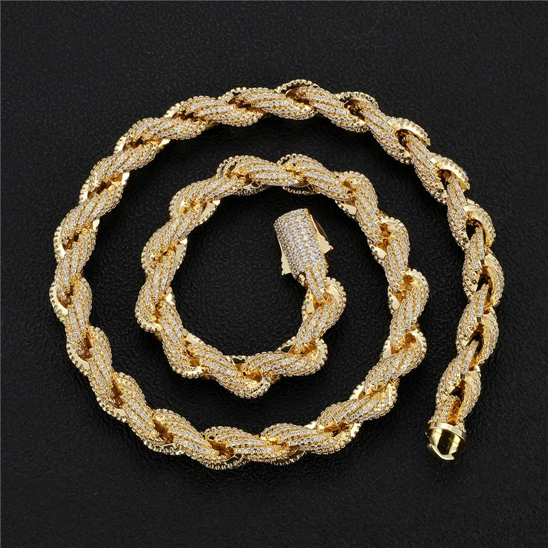 

Hip Hop 10MM Icy Diamond Rope Chain Necklace Gold Plated Twist Bracelet Choker Jewelry Set Men's Bling CZ Iced Out Rope Chain