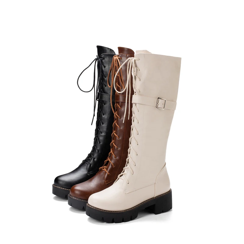 

Winter Female Leather Boots Fashion Thick Medium Heel High Lace-up White Boots, Brown/ecru/black