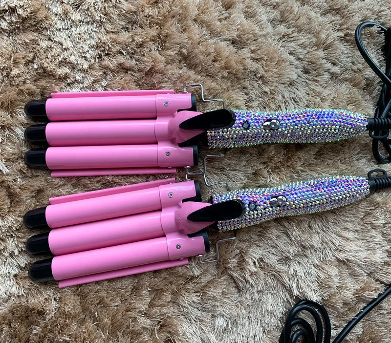 

Diamond 3 barrel hair crimper portable best bling salon tool big wave roll style triple barrel hair curling iron, Customized