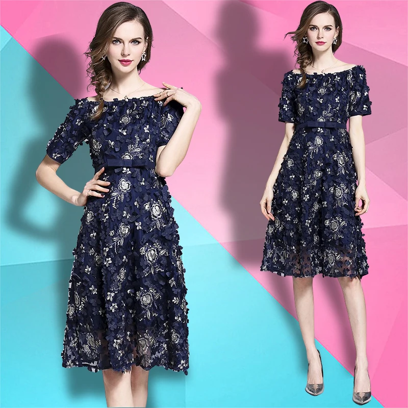 

2021 new woman clothes wholesale fashion apparel elegant One word collar heavy embroidery Women Summer Dress Ladies, Black