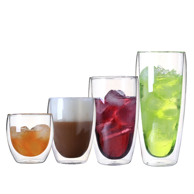 

15 ounce Custom Logo Wide Mouth Clear Transparent Double Wall Layer Insulated Borosilicate Glass Coffee Mug, Transparent clear