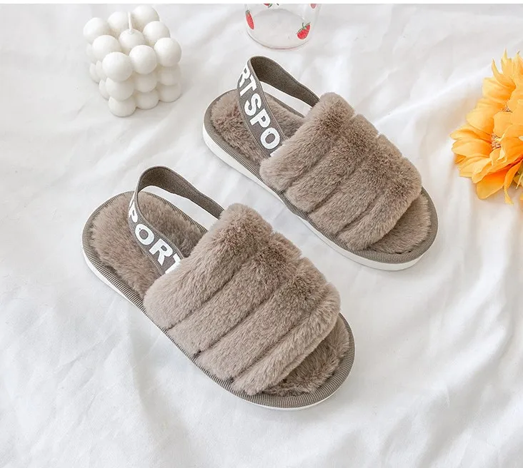 

Warm Winter Soft baby toddler slippers faux fur Slides with strap Children kid plush slipper, Black, gray, pink, brown