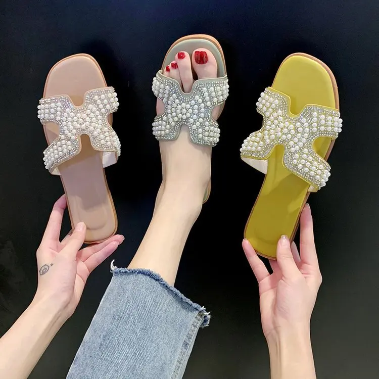 

New Arrivals Luxury Designer Fashion Women Pearl Sandals Shoes Beach Slipper PU Leather Summer Flat Sandals for Women and Ladies, 7 colors