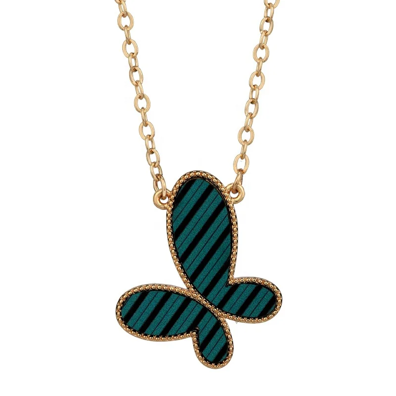 

Wholesale fashion women green stone butterfly pendant Necklace stainless steel gold plated butterfly necklace