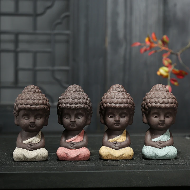 Creative Purple Clay Monk Buddha Sitting Statues Zen Home Decoration Figurines 
