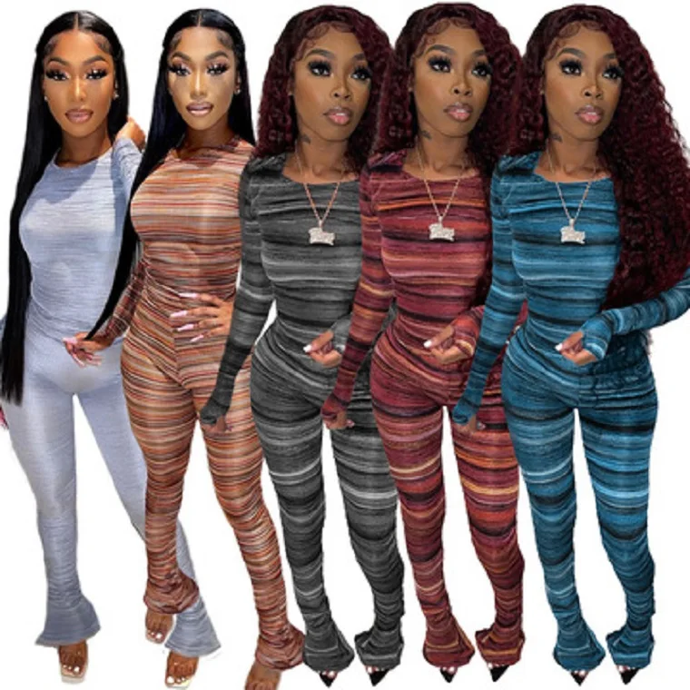

Yingchao 2021 Hot Sell Fashion Sexy Crew Neck Long Sleeve Colorful Stripes Crop Top Plus Size 2 Piece Pant Set Women
