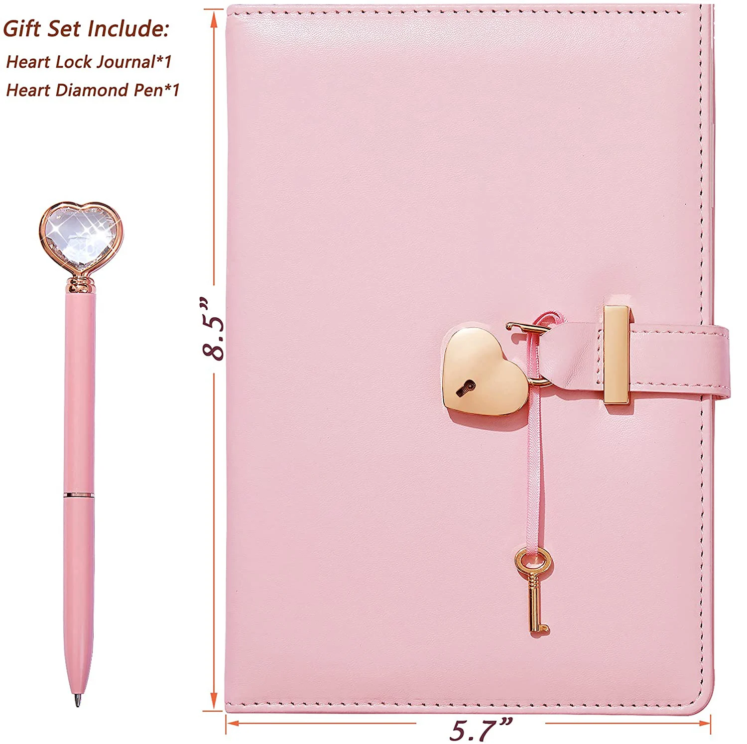 

LABON Heart Shaped Lock Diary PU Leather Cover Journal Secret Notebook Gift With Key Heart Diamond Pen