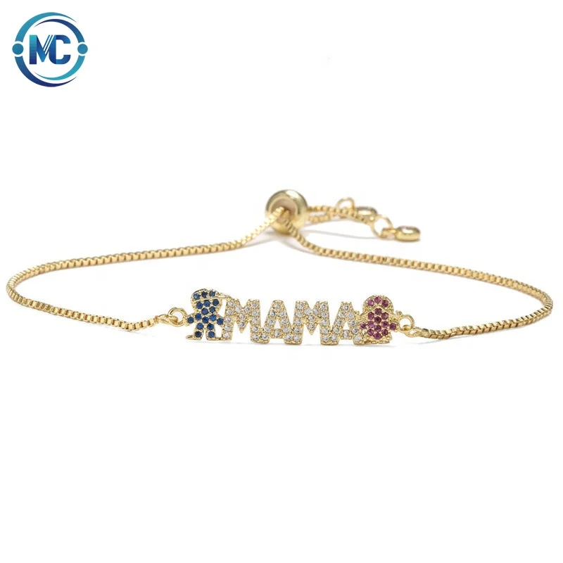 

2021 Fashion Boy And Girl Charm Bracelet Crystal Rhinestone MAMA Bracelet Adjustable Box Chain Bracelet Mothers Day Gifts, Silver ,gold