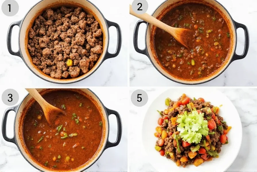 Step-by-step preparation of green chili stew with ground beef showing browning meat, adding vegetables, and final plated dish with garnishes