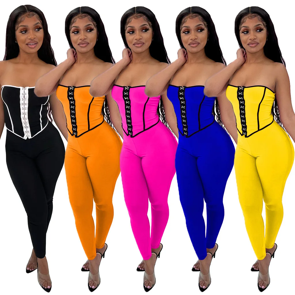 

H6801 - ladies fashion bodycon tube top and pants solid color two piece outfits