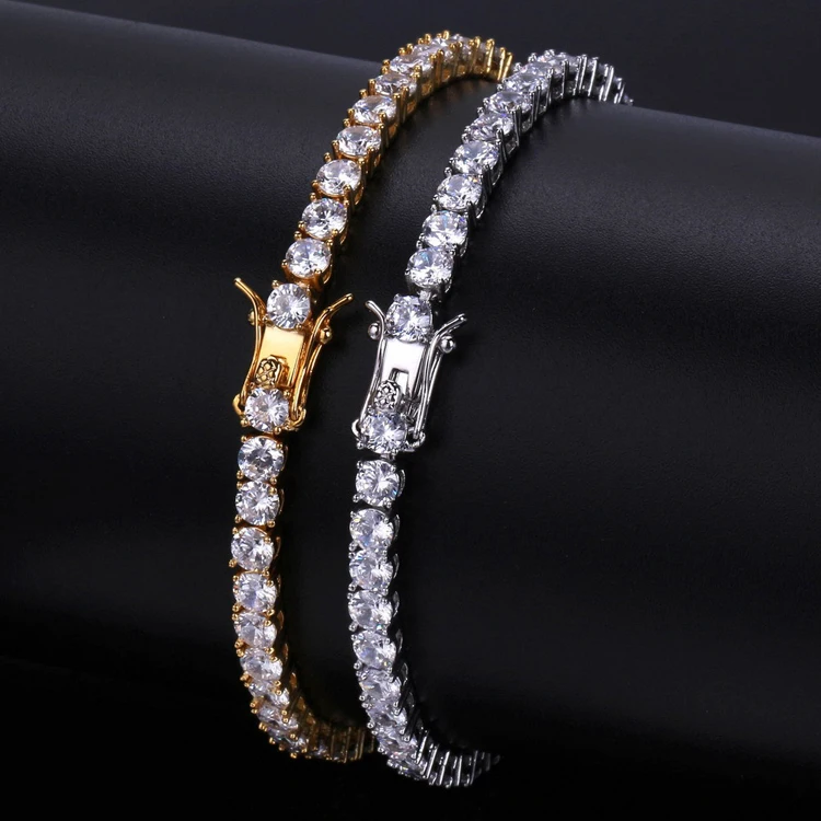 

Hip hop 3mm 4mm 5mm Brass Zircon Iced Out diamond Tennis Chain Men CZ Bracelet, Gold ,silver color