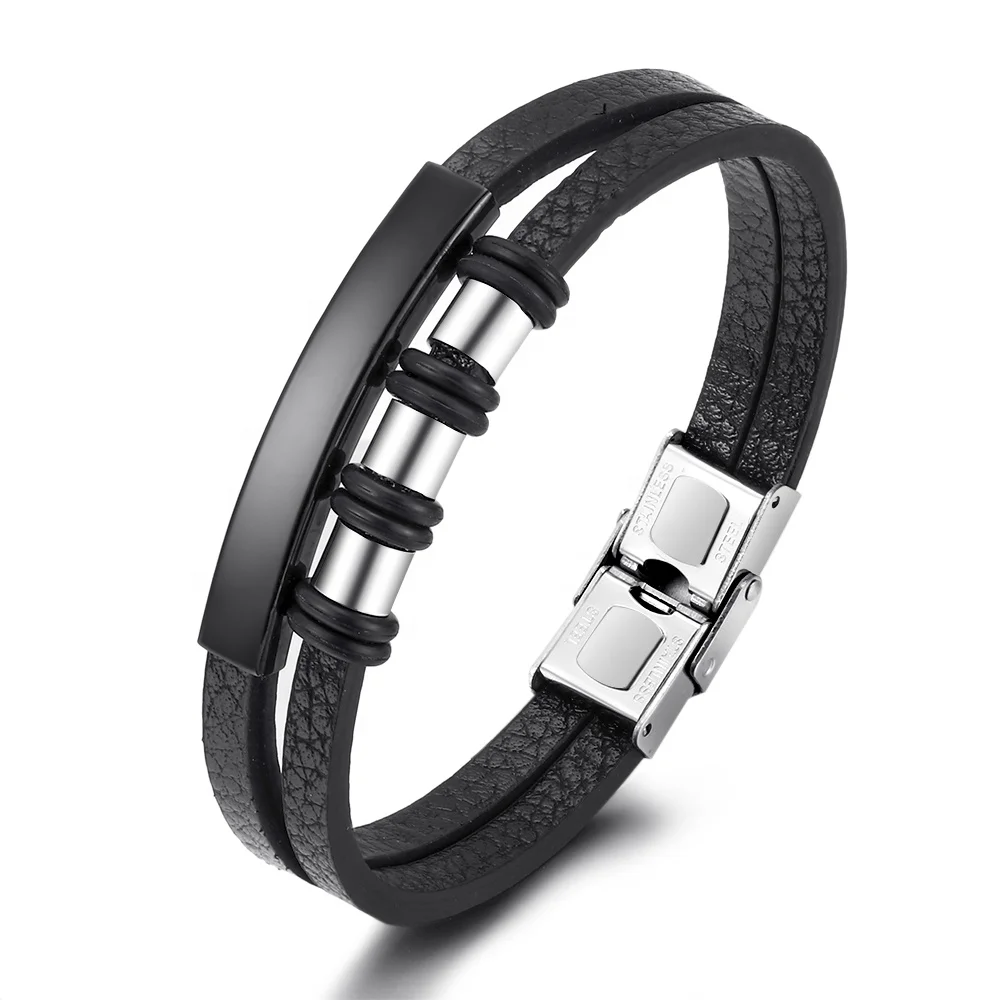Newest Cross-border Wholesale Three Post One Tube Men's Vintage Braided Leather Stainless Steel Bracelet